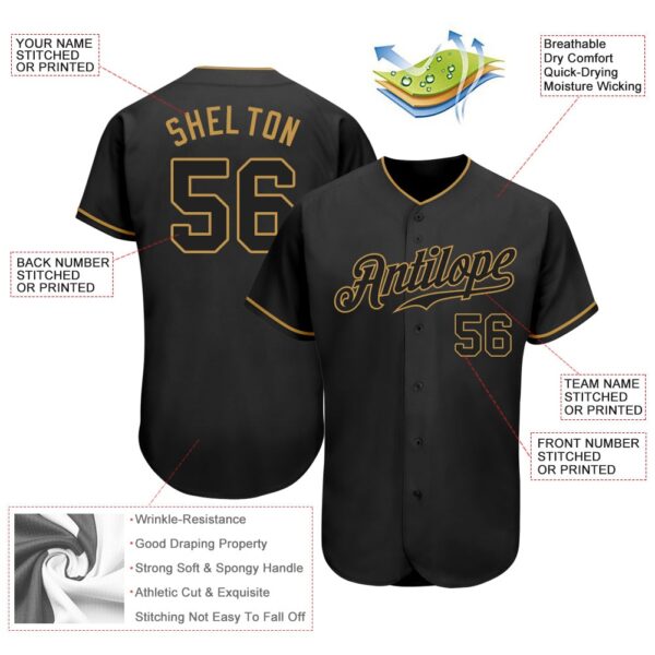 Custom Black Black-Old Gold Authentic Baseball Jersey - Image 6