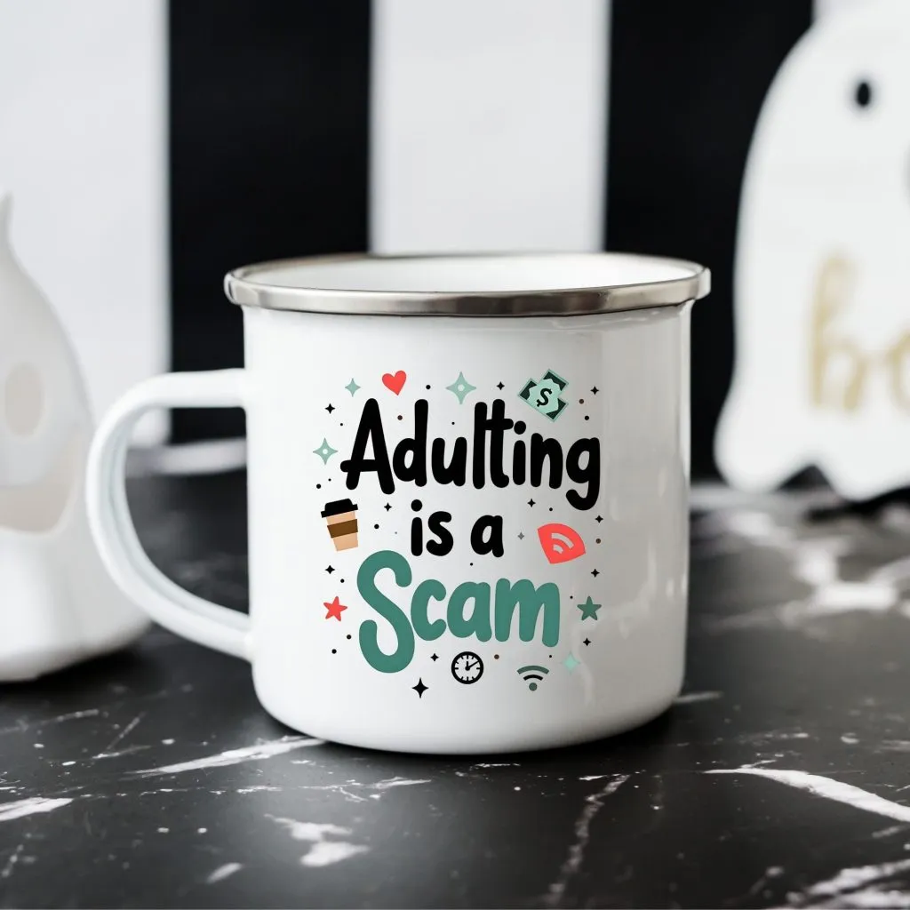 Adulting Is a Scam Enamel Camping Mug | Mug | Mug Spot USA Adulting Is a Scam Enamel Camping Mug - Image 1